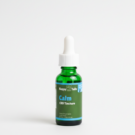 CBD pet tincture bottle labeled 'Calm' on a white background