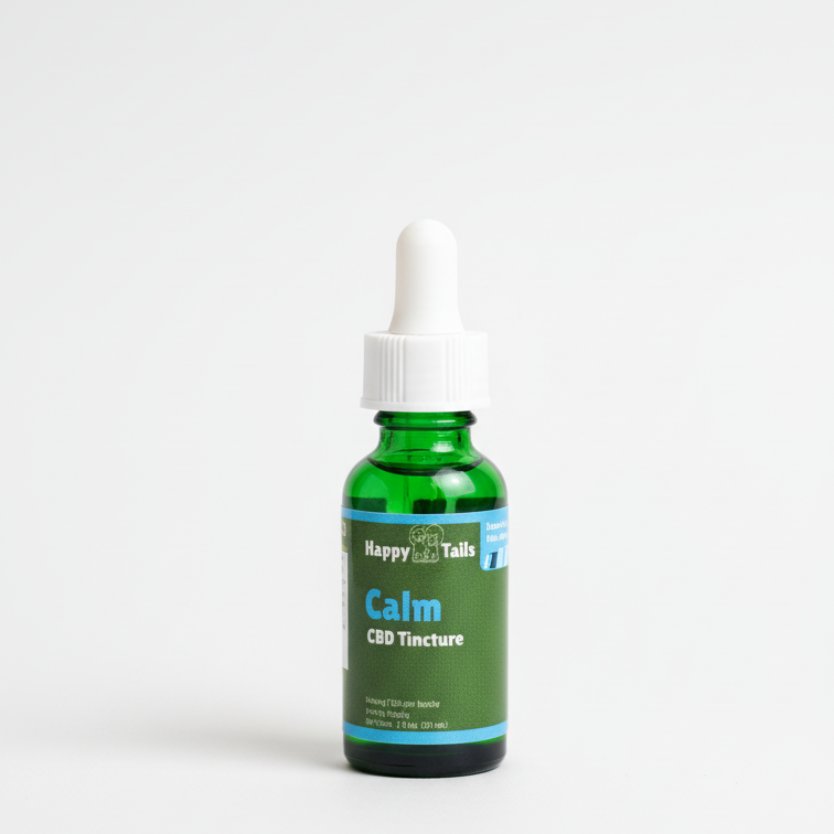 CBD pet tincture bottle labeled 'Calm' on a white background