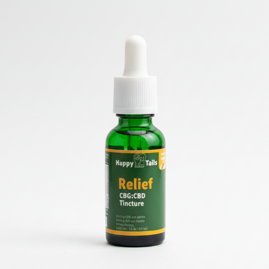 Bottle of Happy Tails Relief CBD Pet Tincture on a white background