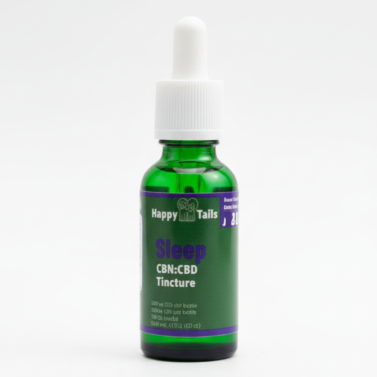 Bottle of Happy Tails CBD Pet Tincture Sleep on a white background