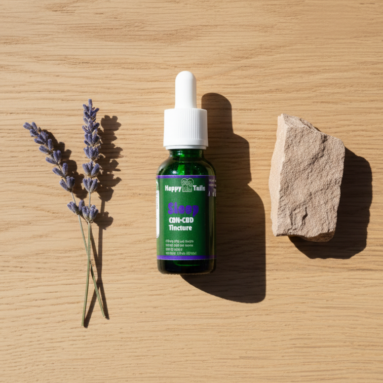 Happy Tails Sleep CBD:CBN Pet Tincture Wood Background
